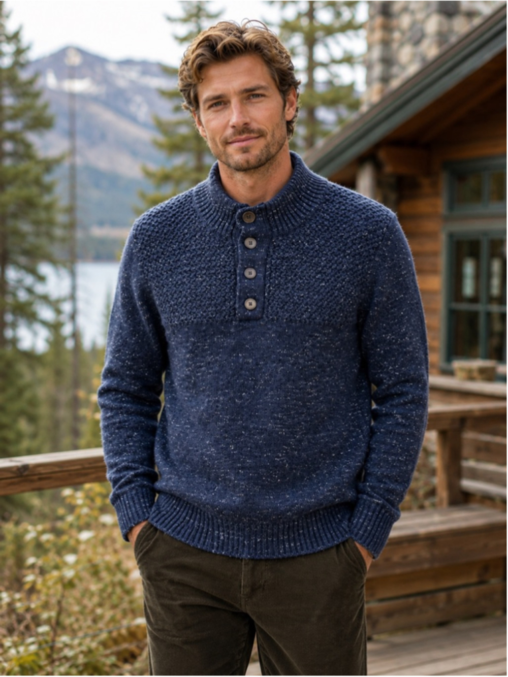Paolo Mondo Men’s M Wool Blend Henley Mock Neck Fisherman Knit Cozy Navy Italy